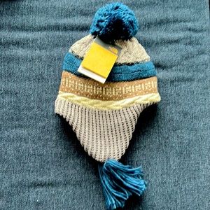 North face ear flap beanie, S/M, blue/tan